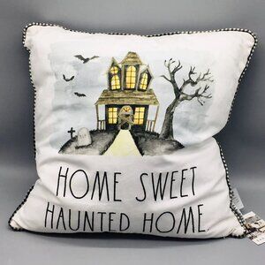 Rae Dunn Halloween Home Sweet Haunted House Feather Throw Pillow Buffalo Plaid